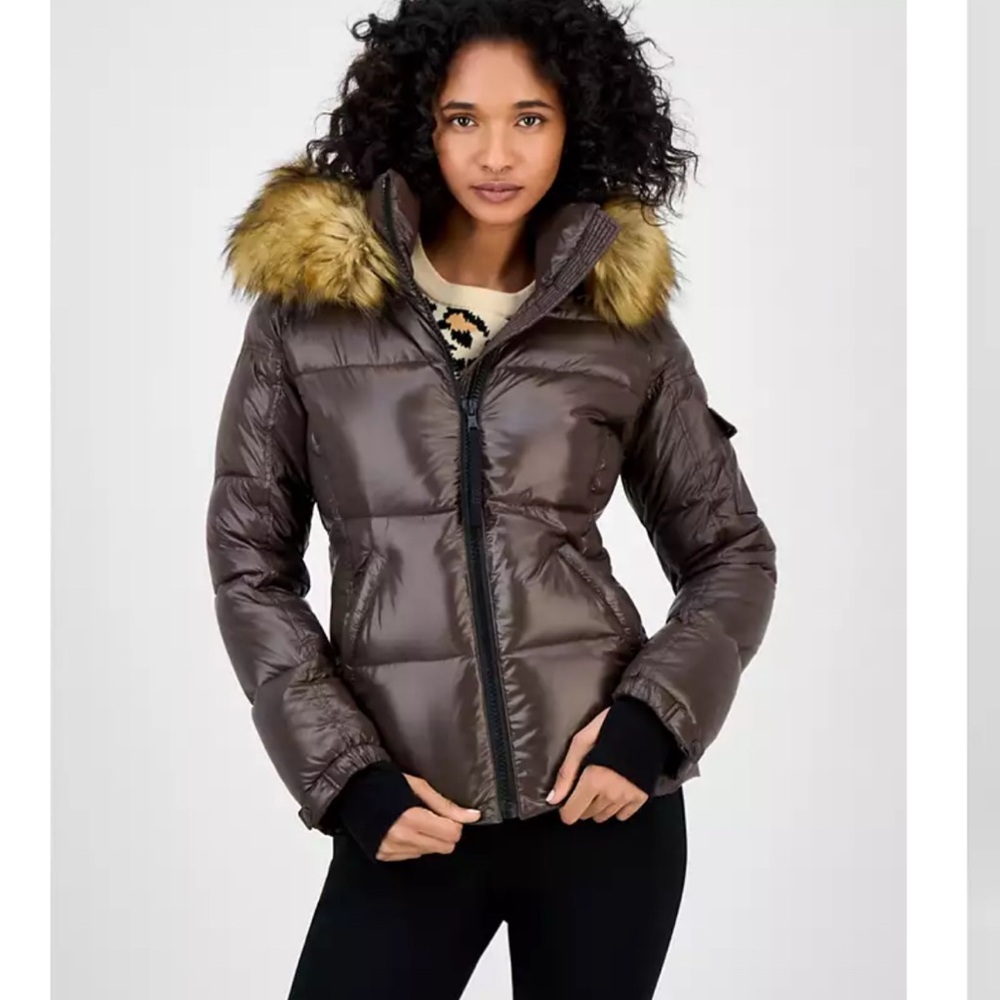 Women's Brown Puffer Jacket with Faux Fur Hood size XL